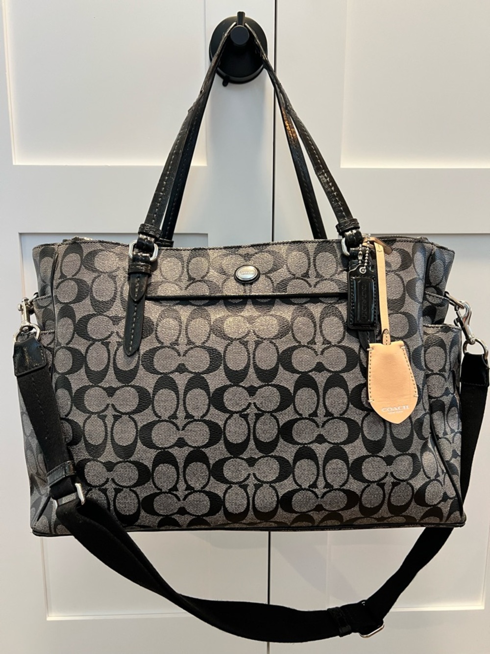 🖤 Coach Signature Canvas Tote Bag Black Gray Large Crossbody Travel Work Bag
